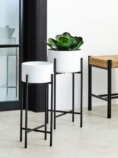 Small White and Black Floor Standing Planter | Trosa