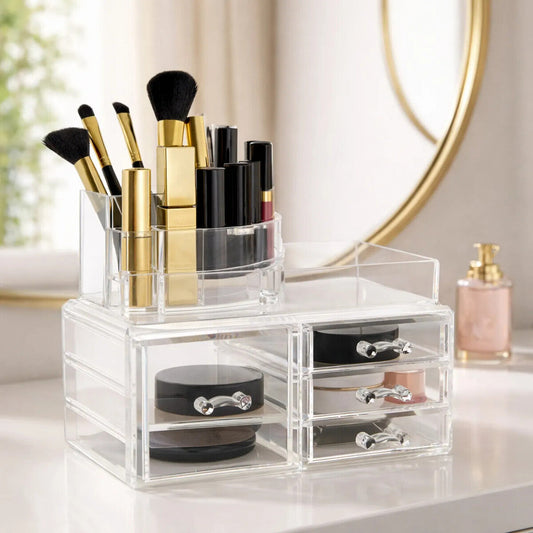 8 Compartments Clear Cosmetics Organiser with 4 Drawers | Beauty