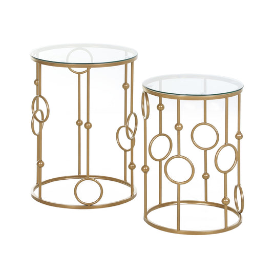 Round Coffee Tables Set of 2, Gold Nesting Side End Tables with Tempered Glass Top, Steel Frame for Living Room, Gold