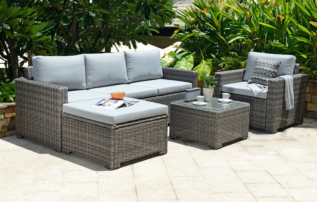 Marbella Grey 5-Seater Garden Sofa Set with Ottoman and Cover Bundle
