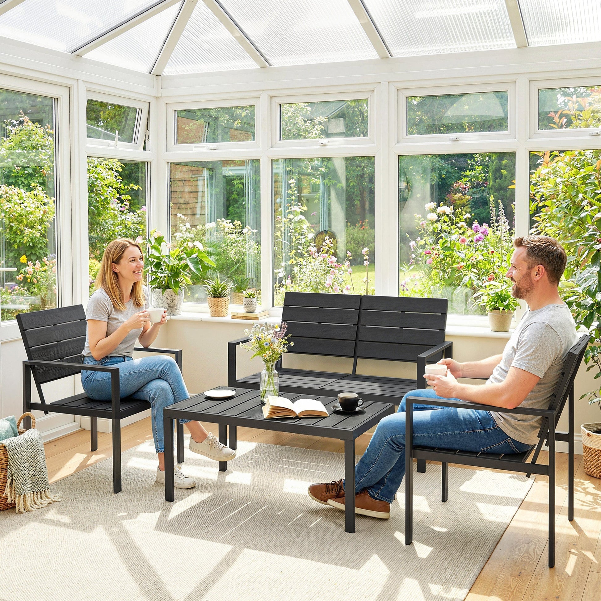 4 Piece Garden Furniture Set, Outdoor Sofa Set with HDPE Slatted Loveseat Armchairs Coffee Table Metal Frame, Black