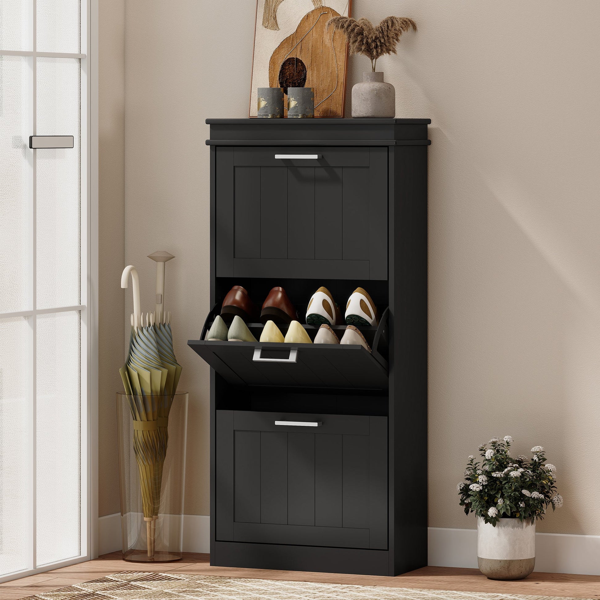 HOMCOM Three-Drawer Minimalistic Shoe Cabinet - Black