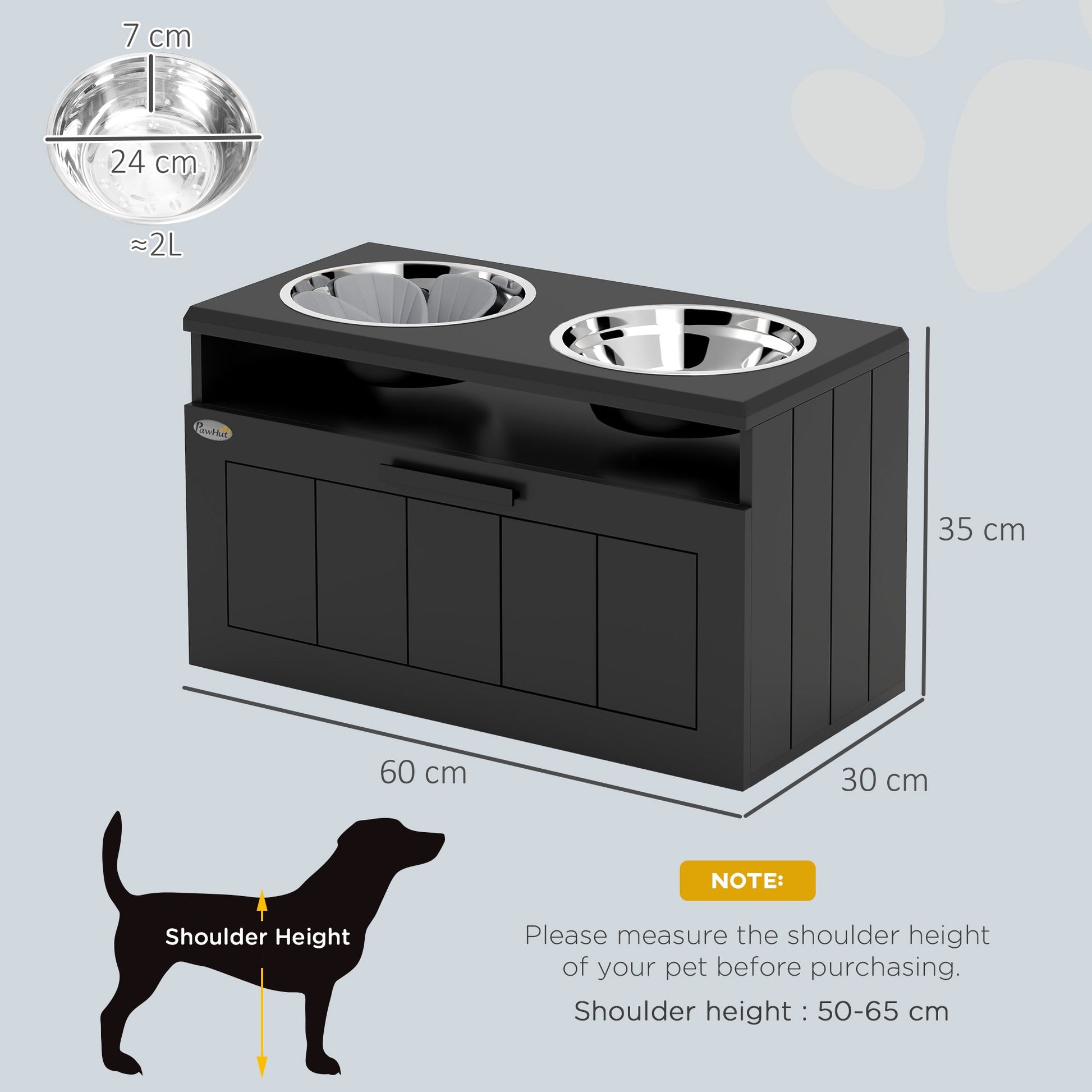 Raised Dog Bowl with Slow Feeder & 2 Stainless Steel Dog Bowl, 25L Storage Drawer, for Large & Extra Large Dogs, Black