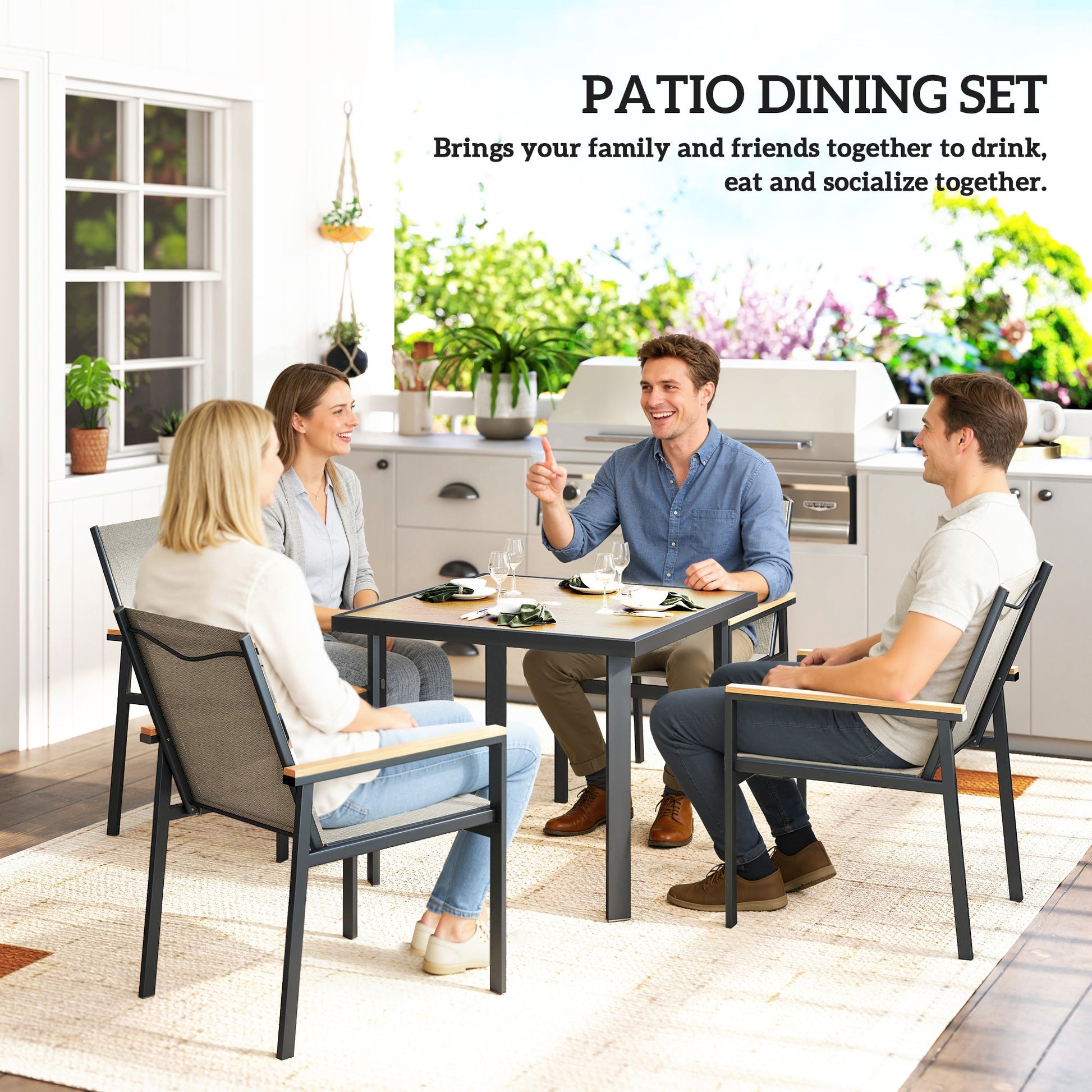 Five-Piece Metal Dining Set, with Glass-Top Table - Khaki