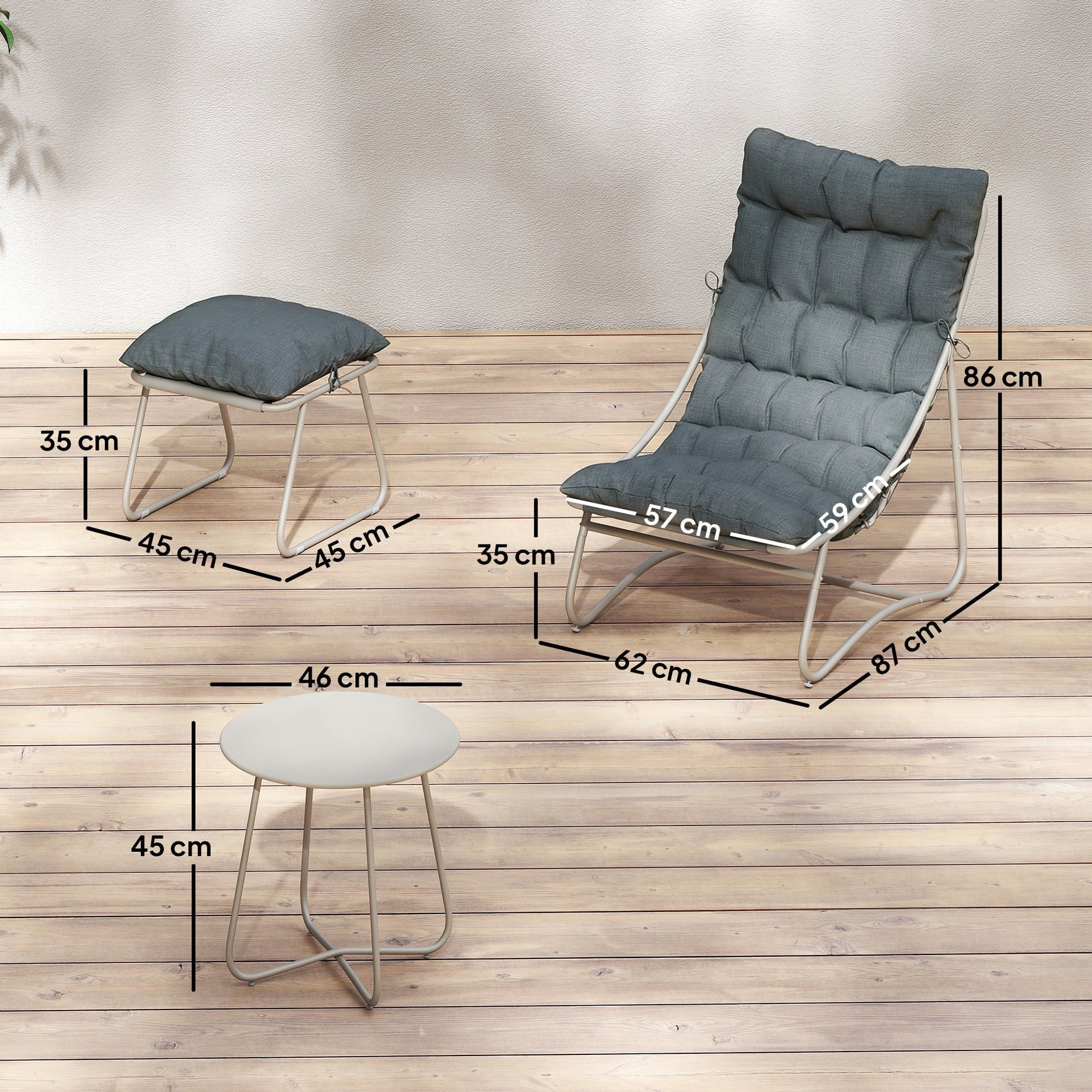 Bistro Set for Garden, 3 Piece Outdoor Table and Chair with Footstool and Removable Cushions, Comfy Balcony Furniture