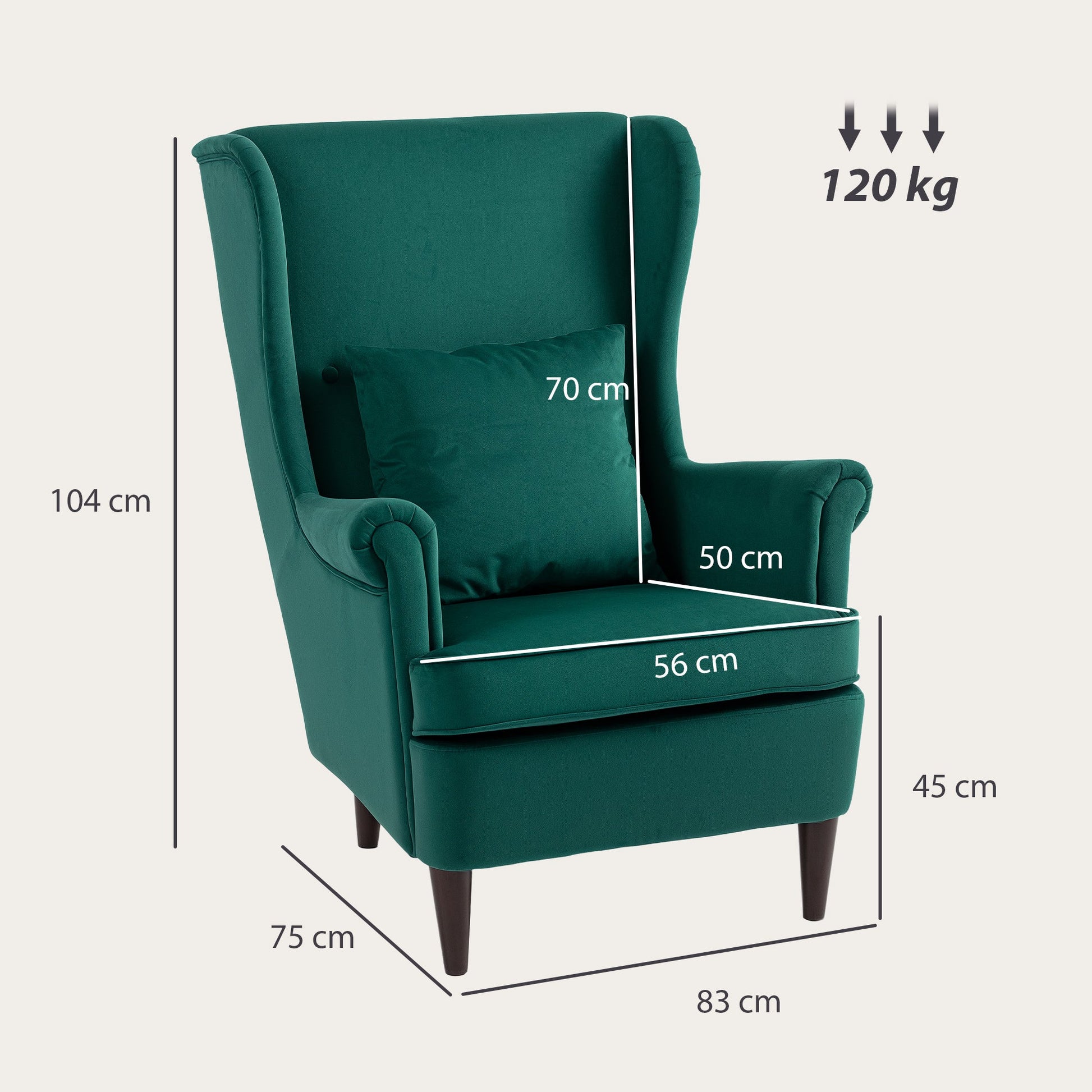 Modern Accent Chair, Upholstered Wingback Armchair with High Backrest and Pillow, Velvet-Feel Fabric Reading Chair with Solid Wood Legs for Living Room, Bedroom, Home Office, Dark Green