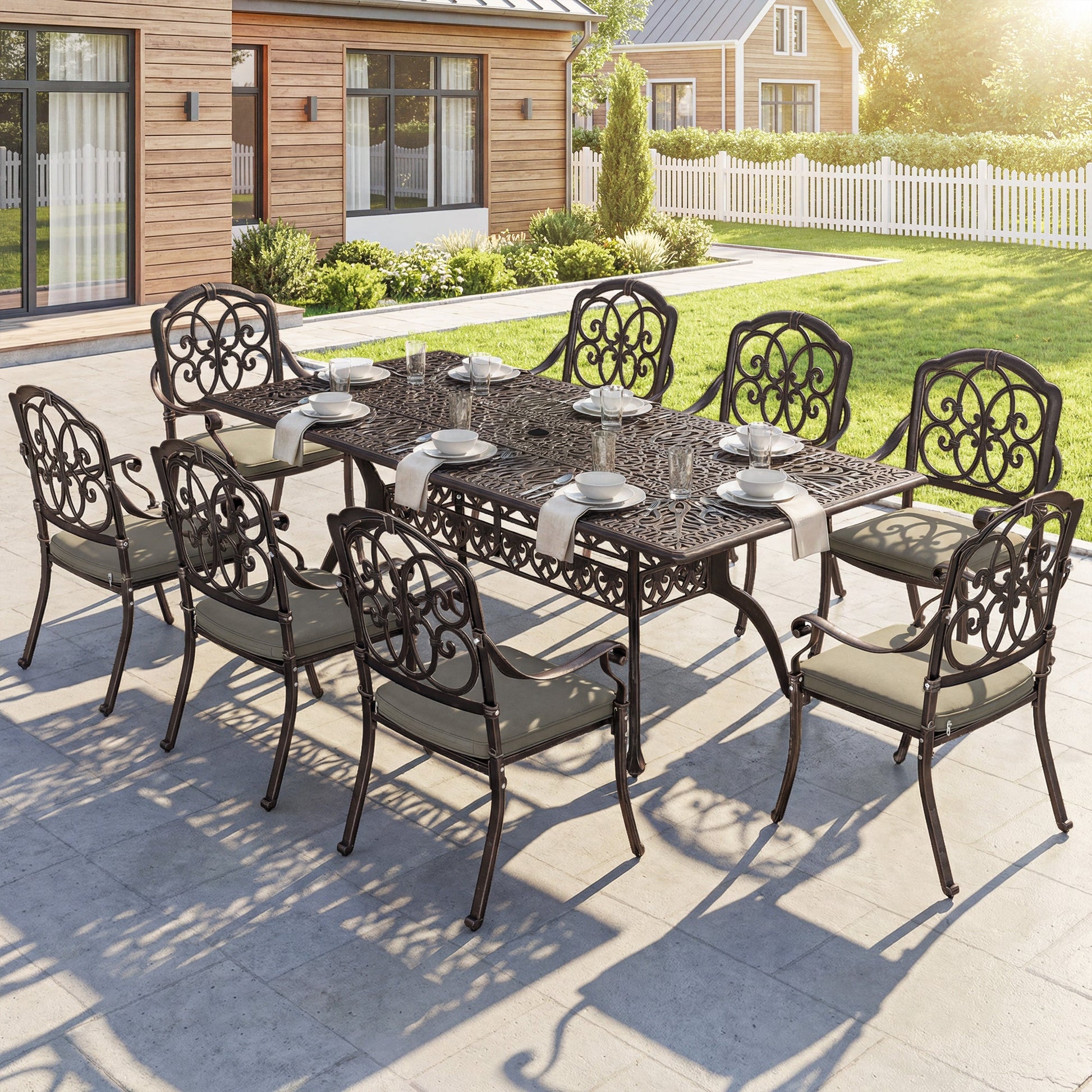 9 Piece Cast Aluminium Garden Dining Set, Garden Table and Chairs Set with Cushions, Parasol Hole for Patio, Bronze Tone