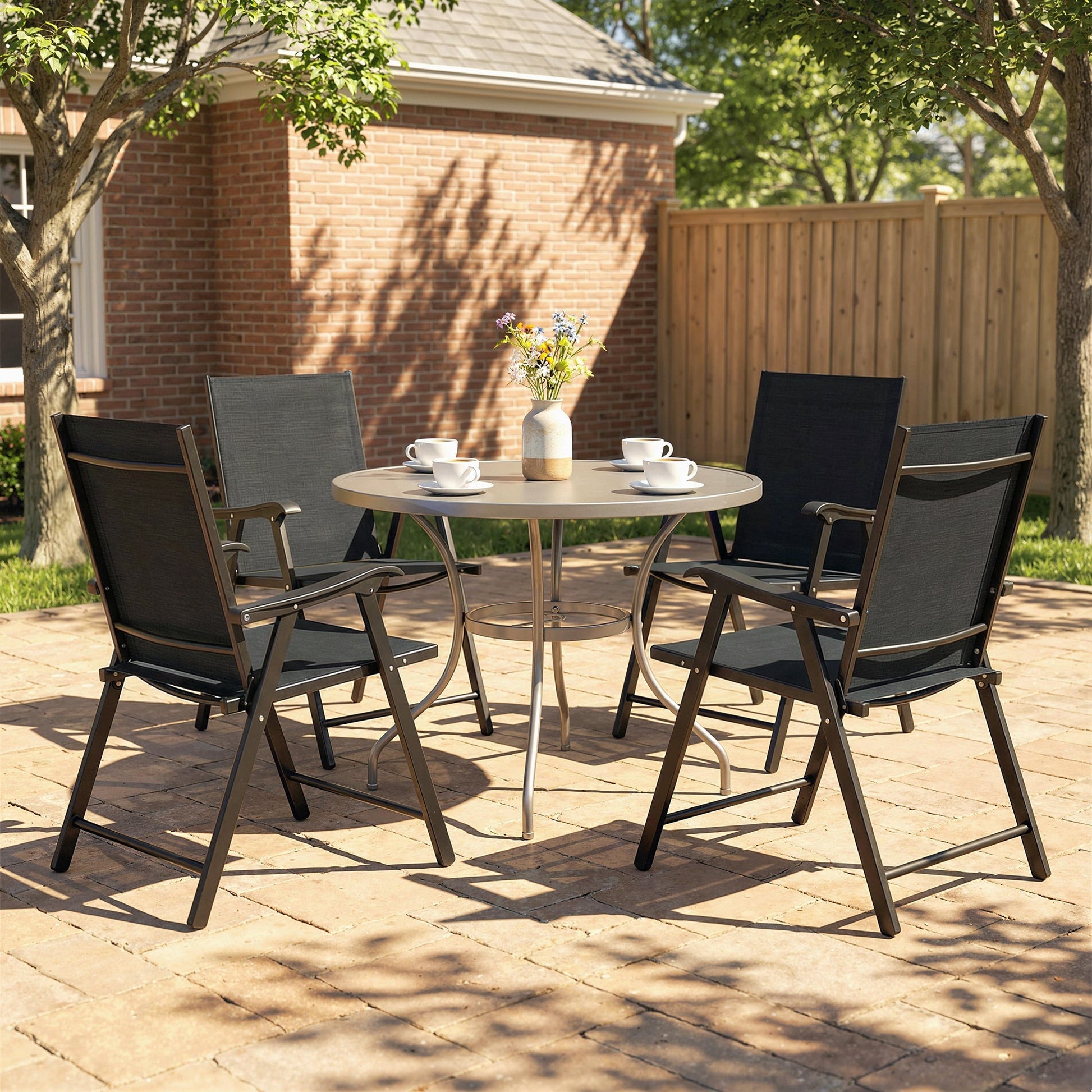 Folding Garden Chairs Set of 4, Foldable Garden Dining Chairs with High Back, Armrests, Texteline Seat, Black