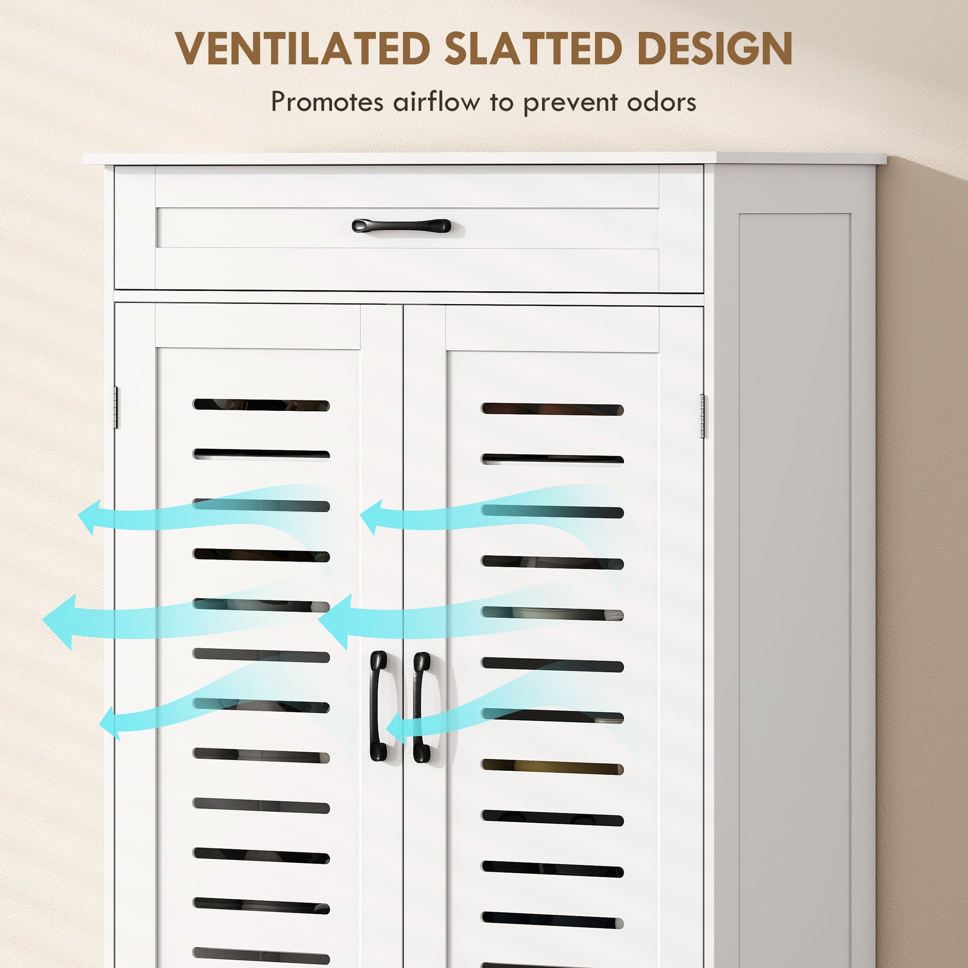 Shoe Cabinet with Louvered Doors, Modern Shoe Storage Cabinet with Drawer and Adjustable Shelves, White