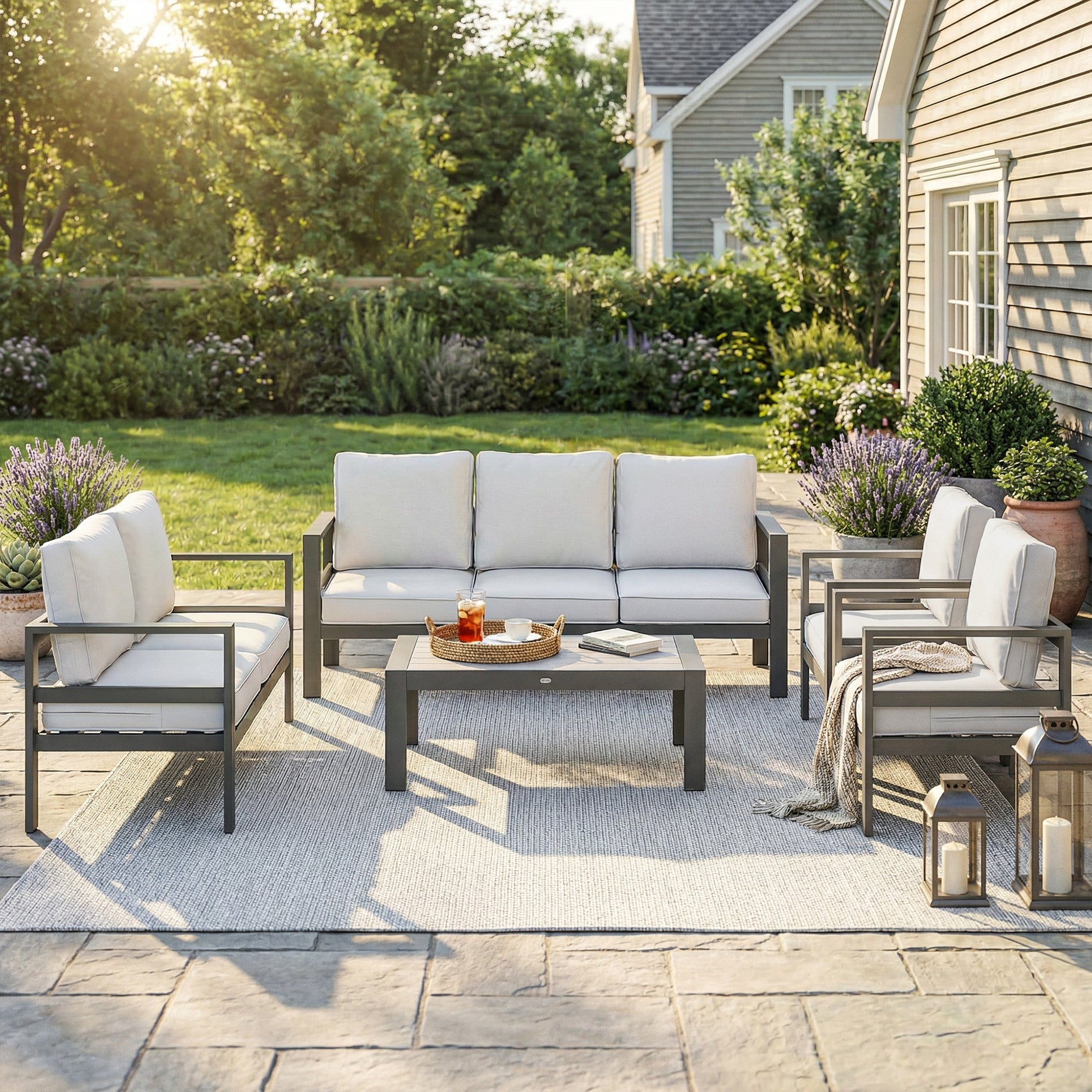 5 Pieces Aluminium Garden Furniture Set with Olefin Cushions, Extra Deep Outdoor Garden Sofa Set, Dark Grey