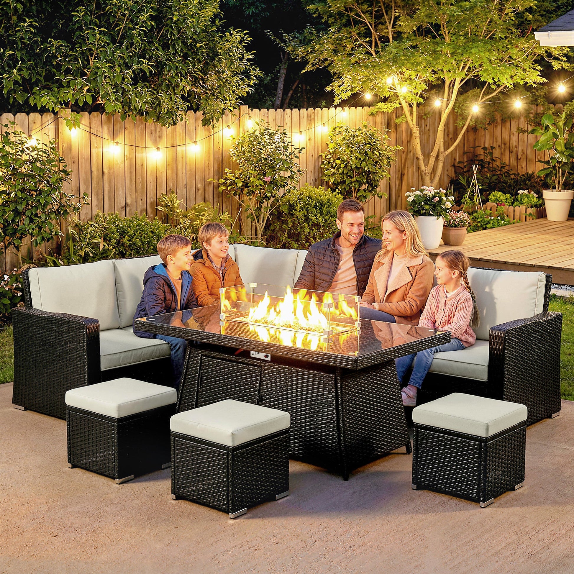 7 Pieces PE Rattan Garden Furniture Set, 50,000 BTU Gas Fire Pit Table, Double Corner Sofa and 3 Footstools