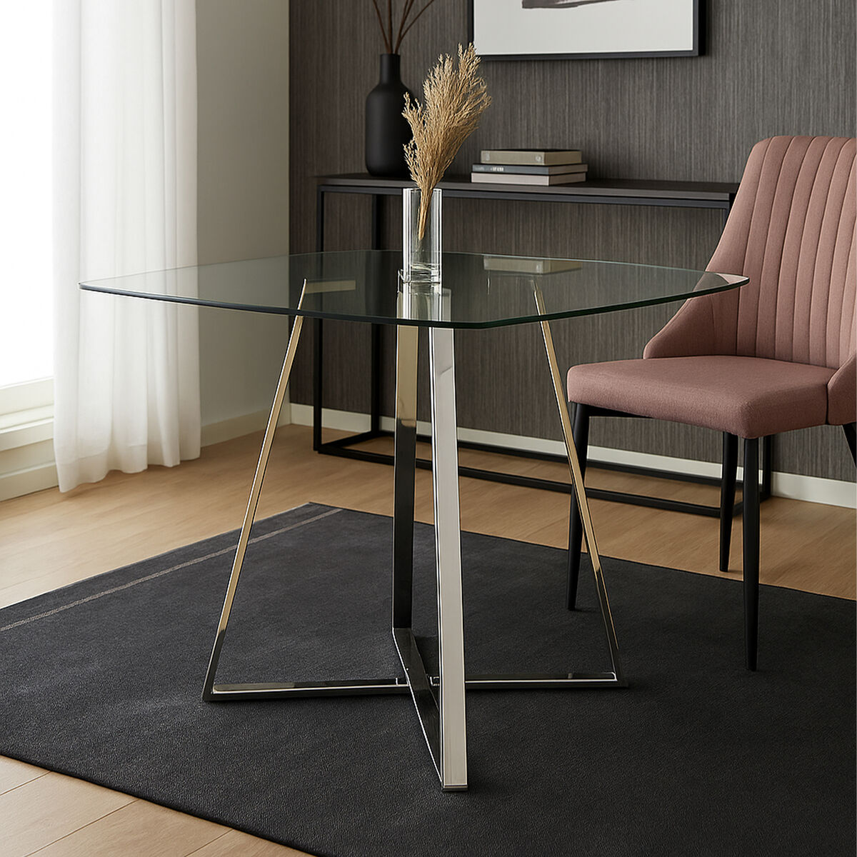 Metropolitan Clear Glass Square Dining Table with Silver Finish Legs