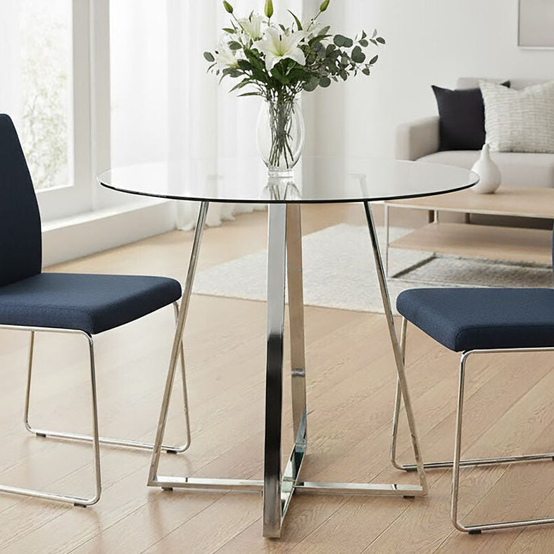 Metropolitan Clear Glass Round Dining Table with Silver Finish Base