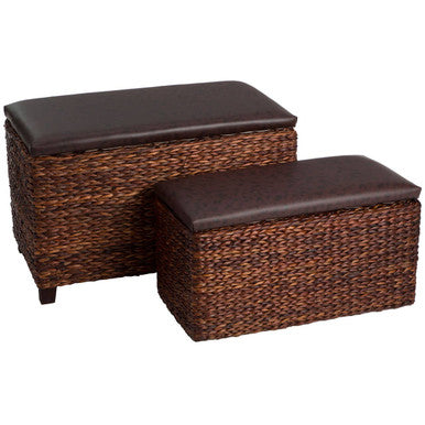 Cattail Brown Woven Rattan and Faux Leather Set of 2 Storage Ottomans