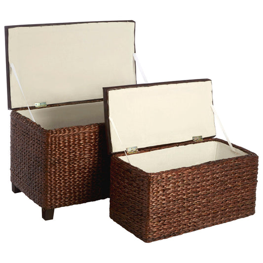 Cattail Brown Woven Rattan and Faux Leather Set of 2 Storage Ottomans