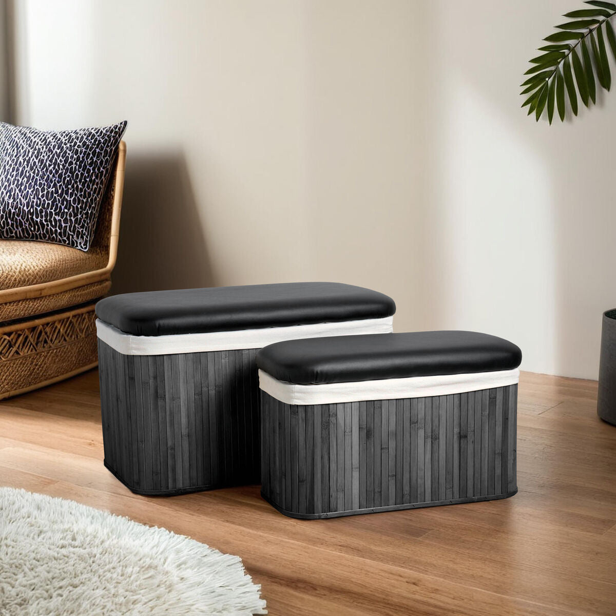 Bambi Black Bamboo Set of 2 Storage Ottomans