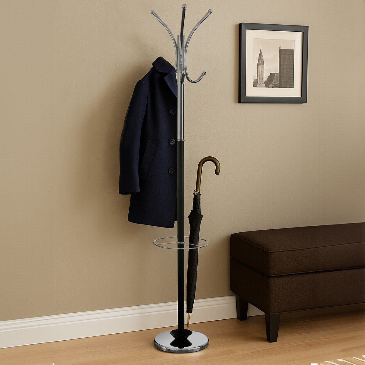 Drew Black and Chrome Finish Coat Stand with Umbrella Holder