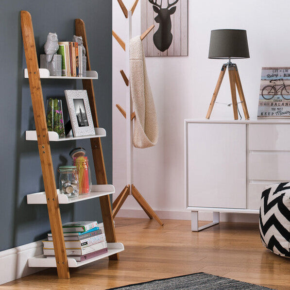 Nostra White Gloss and Bamboo 4 Tier Ladder Shelf Unit