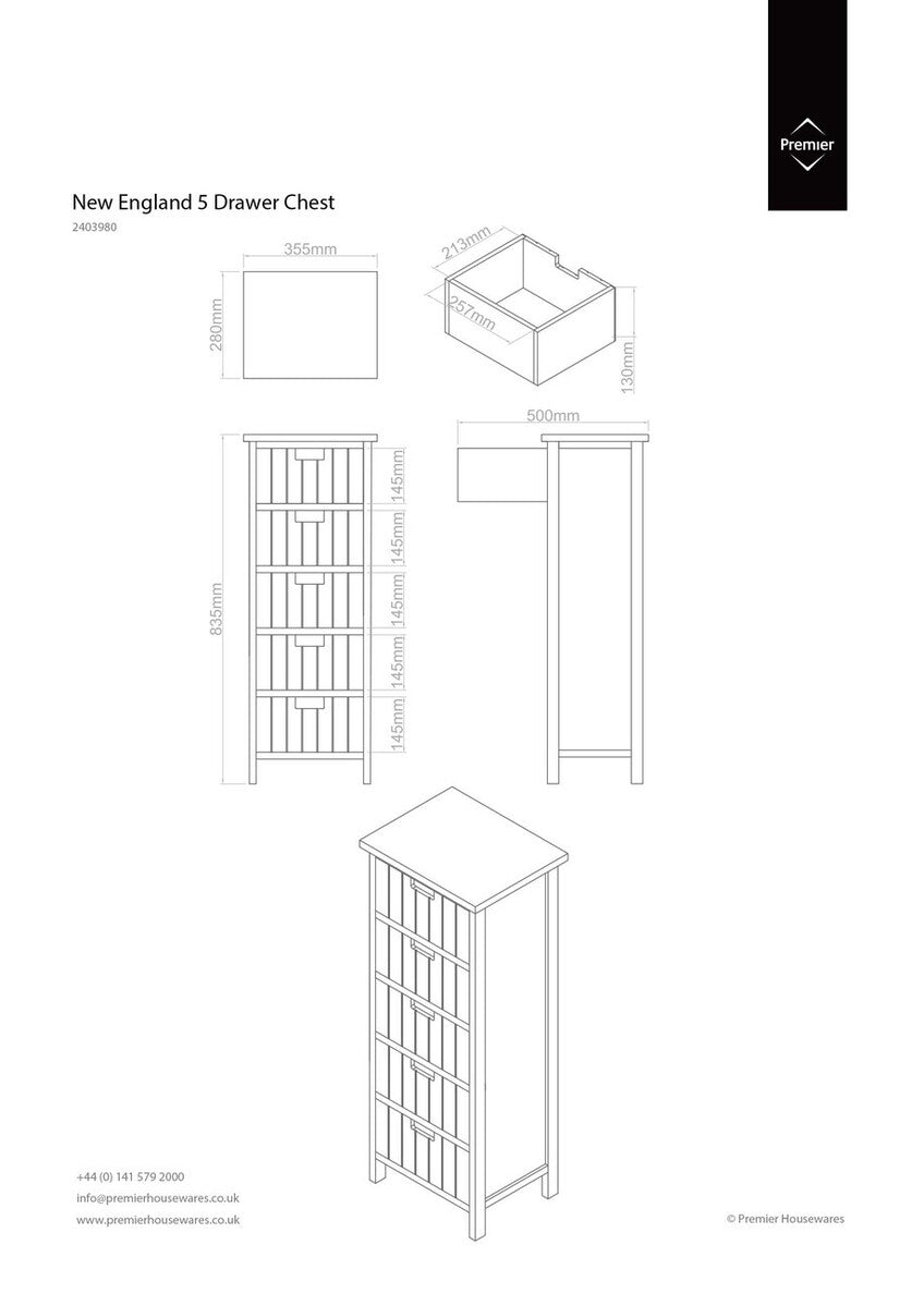 New England White and Pastel Wooden 5 Drawer Chest