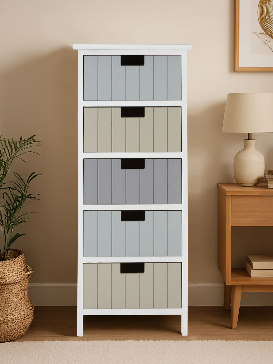 New England White and Pastel Wooden 5 Drawer Chest
