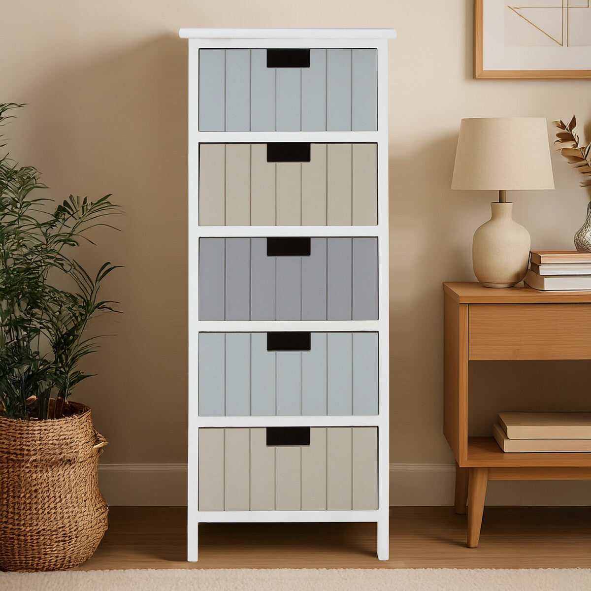New England White and Pastel Wooden 5 Drawer Chest