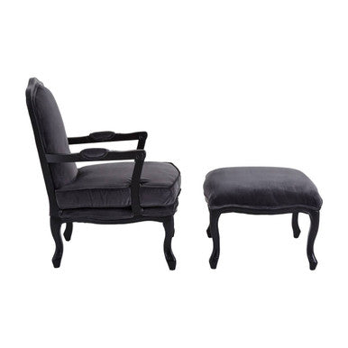 Rococo Grey Velvet Chair and Footstool Set