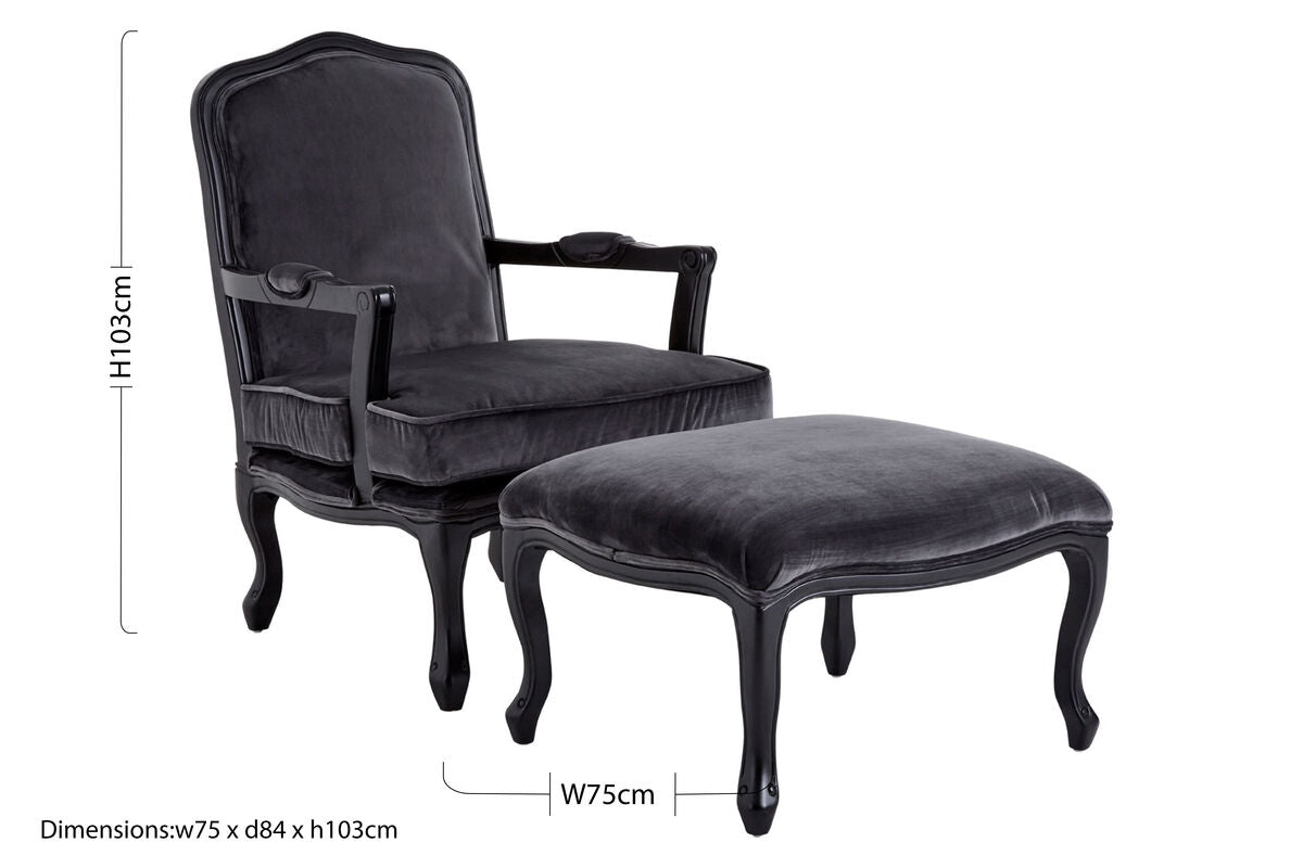 Rococo Grey Velvet Chair and Footstool Set
