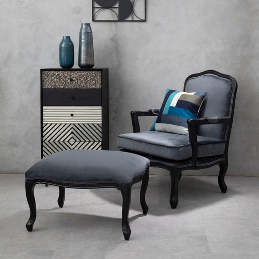 Rococo Grey Velvet Chair and Footstool Set