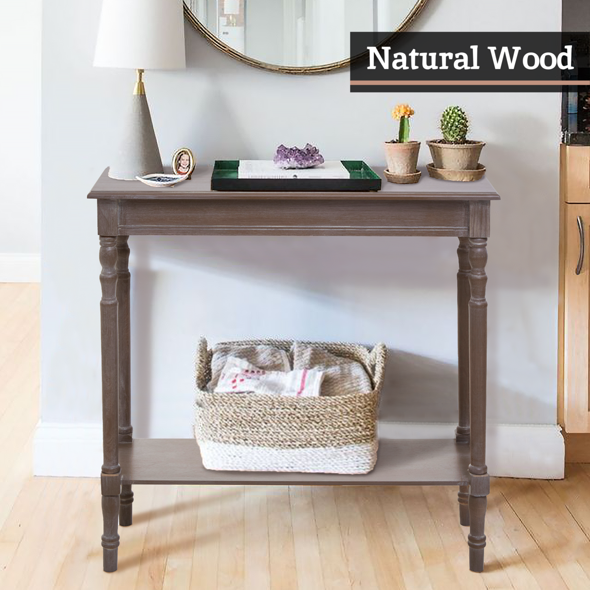 Natural Wash Slim Wooden Console Table with Lower Shelf and Carved Legs | Heritage