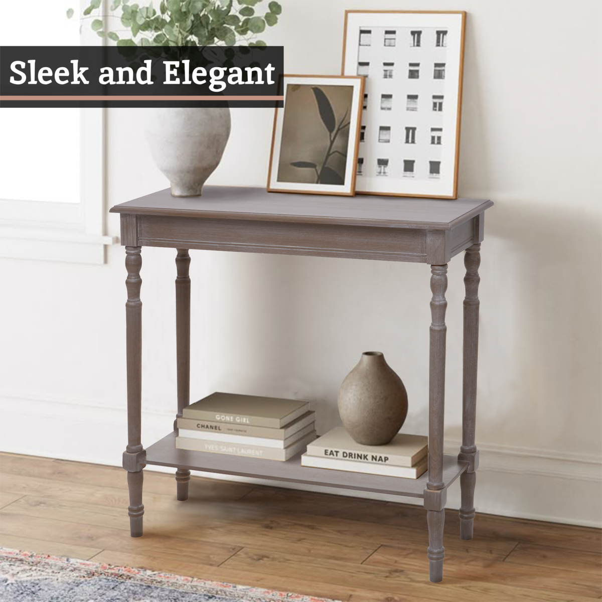 Natural Wash Slim Wooden Console Table with Lower Shelf and Carved Legs | Heritage