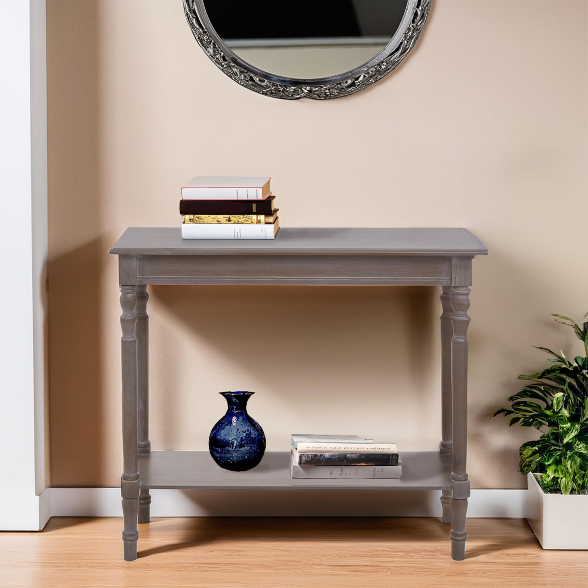 Natural Wash Slim Wooden Console Table with Lower Shelf and Carved Legs | Heritage