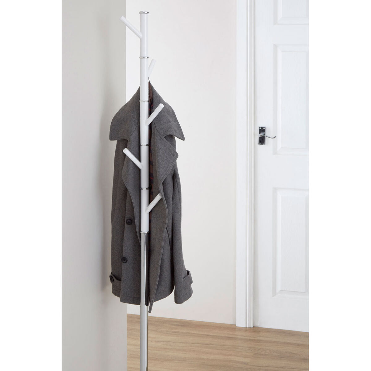 Jess Chrome Finish Coat Stand with White Acrylic Pegs