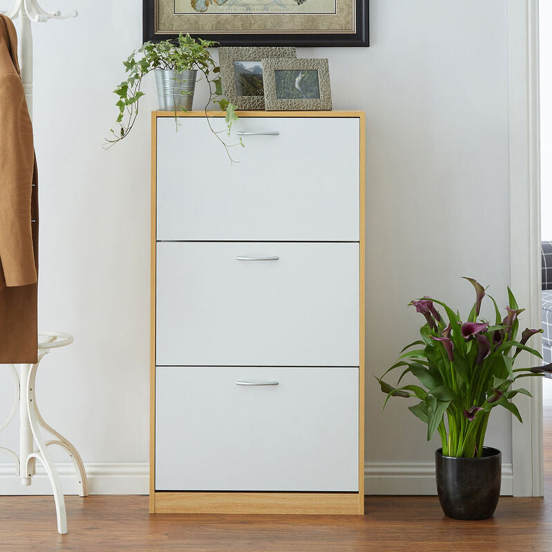 White and Oak Veneer 3 Drawer Shoe Cupboard | Quinn