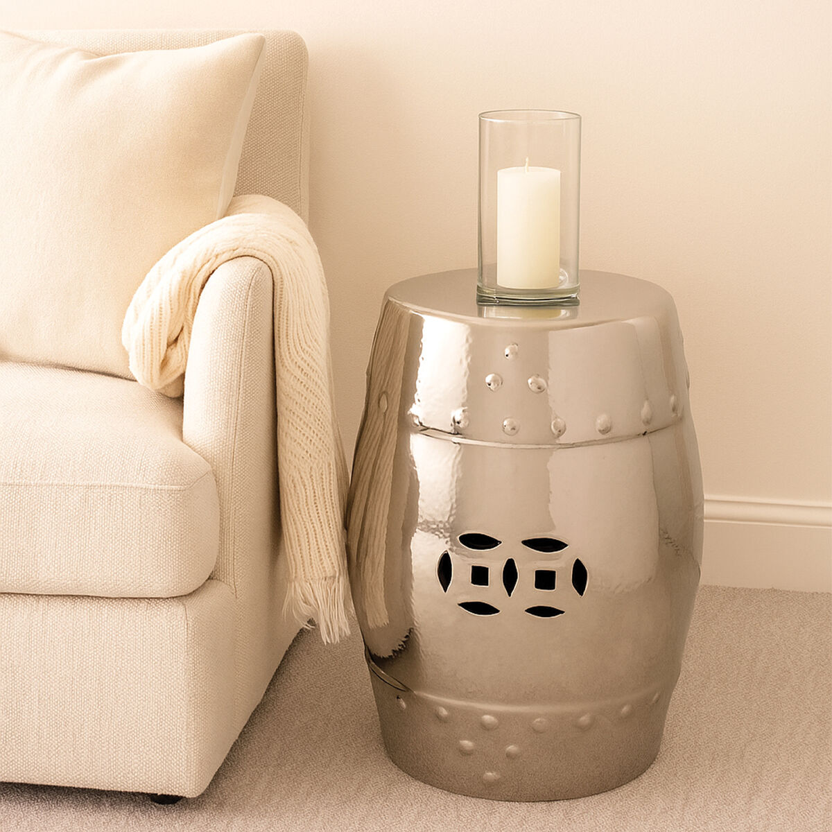Torcello Silver Finish Ceramic Barrel Side Table and Stool