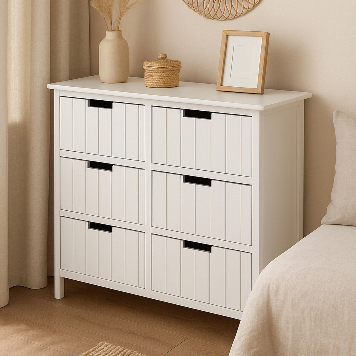 New England White Wooden 6 Drawer Chest