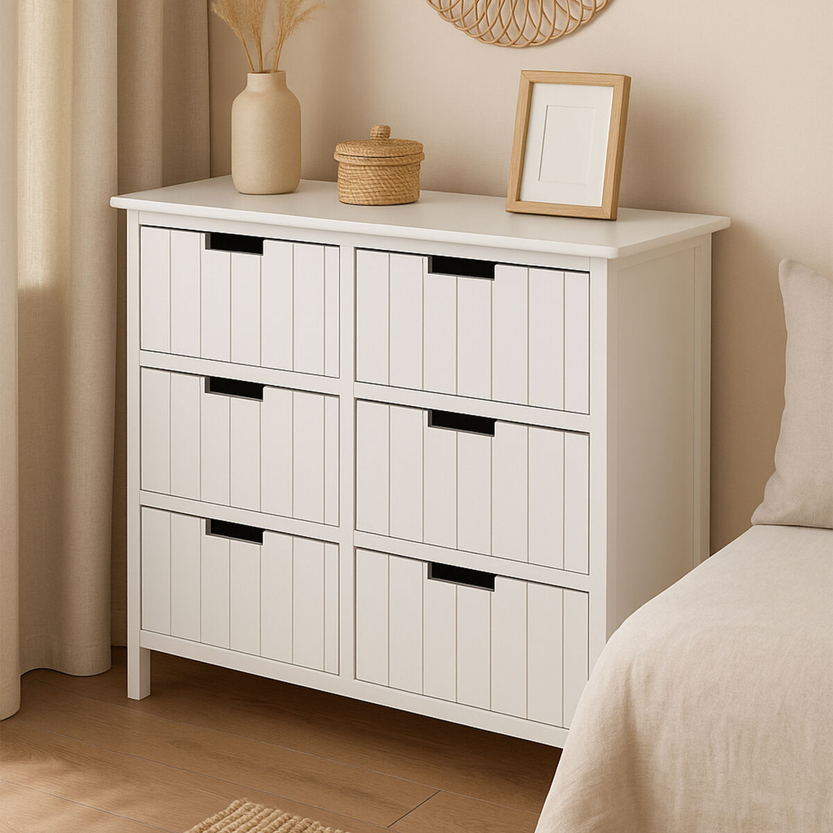 New England White Wooden 6 Drawer Chest