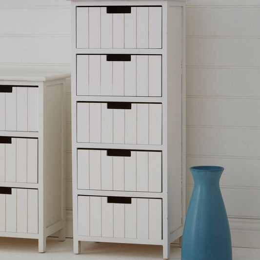 New England White Wooden 5 Drawer Chest