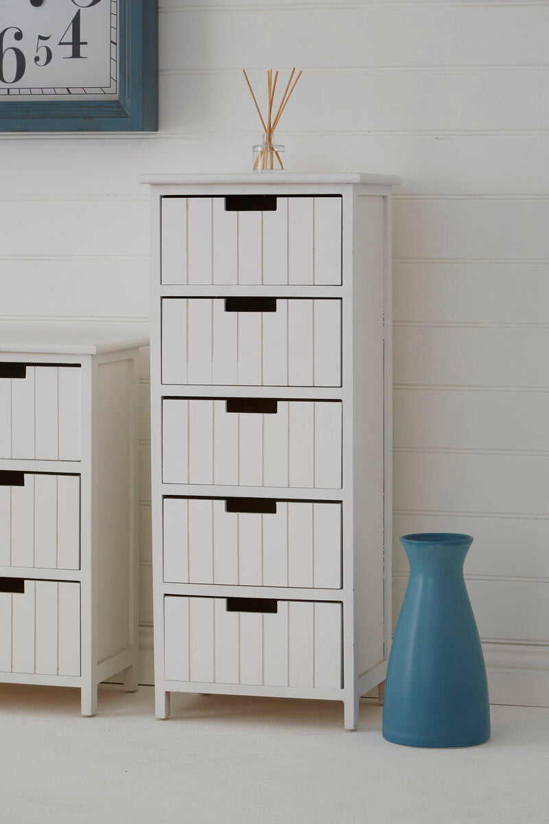 New England White Wooden 5 Drawer Chest