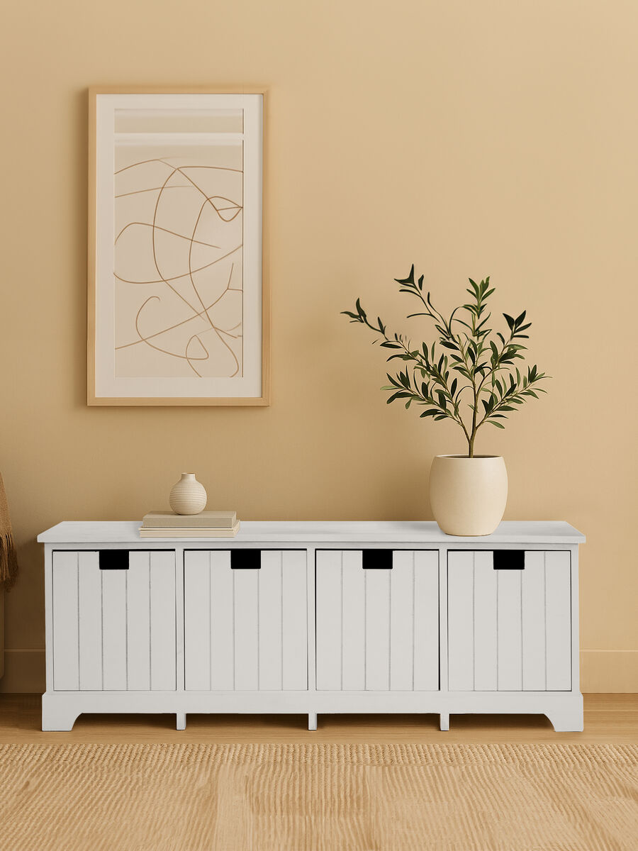 New England White Wooden 4 Drawer Storage Bench