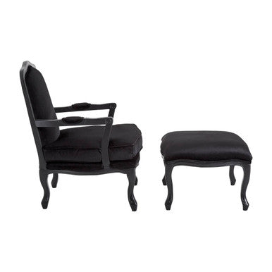 Rococo Black Velvet Chair and Footstool Set