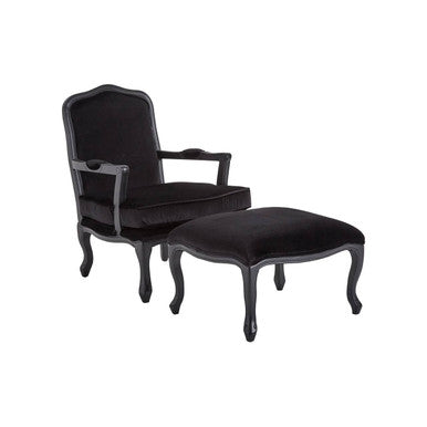 Rococo Black Velvet Chair and Footstool Set