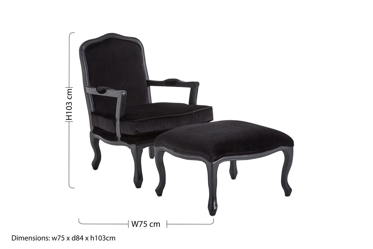 Rococo Black Velvet Chair and Footstool Set