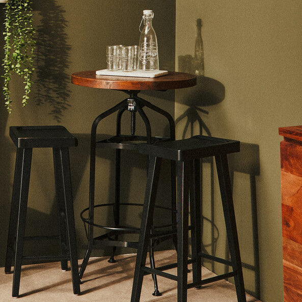New Foundry Walnut Wood and Black Metal Bar Table
