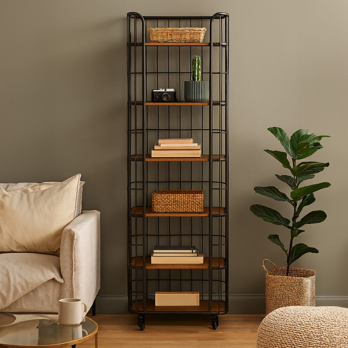 New Foundry Natural Wood and Black Metal 6 Tier Shelf Unit