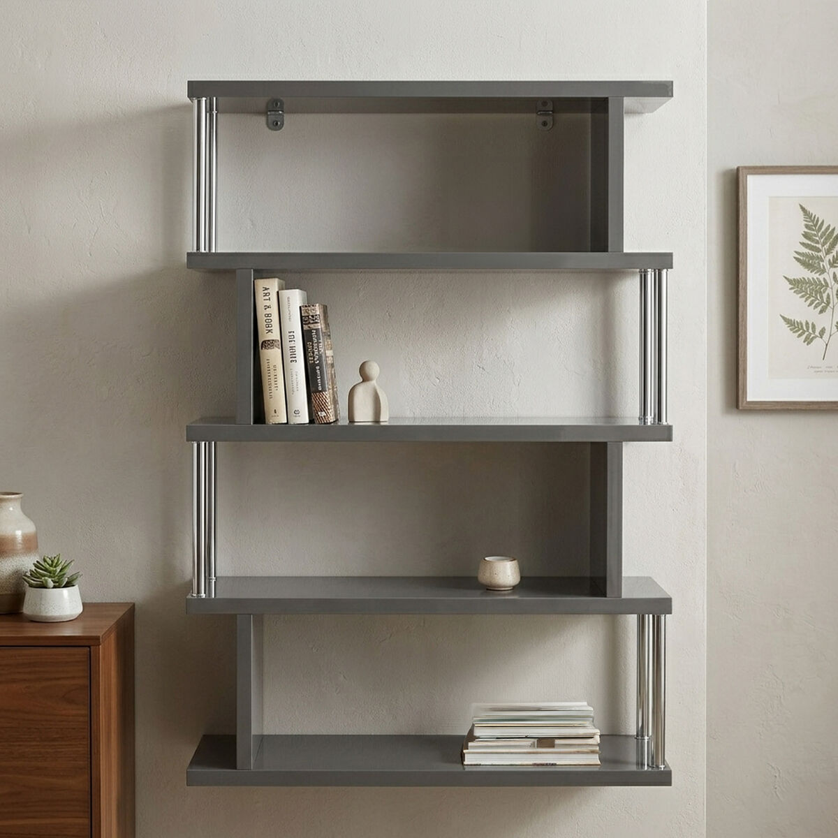 Maze Grey Gloss Finish 4 Tier Wide Shelf Unit