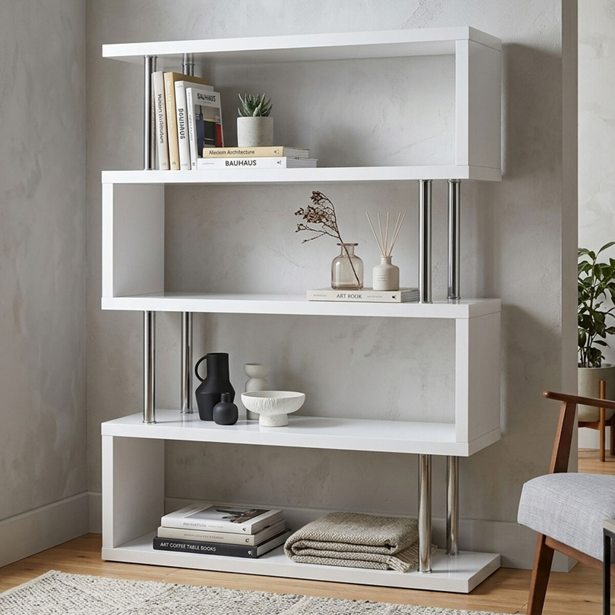 Maze White Gloss Finish 4 Tier Wide Shelf Unit