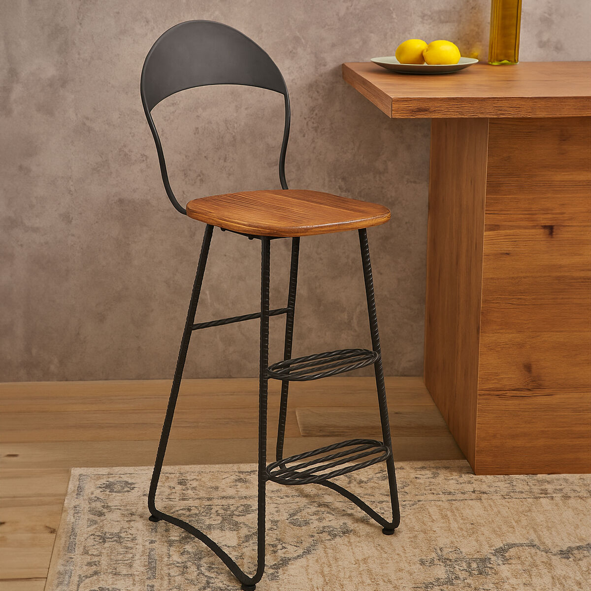 New Foundry Wooden and Black Metal Bar Chair