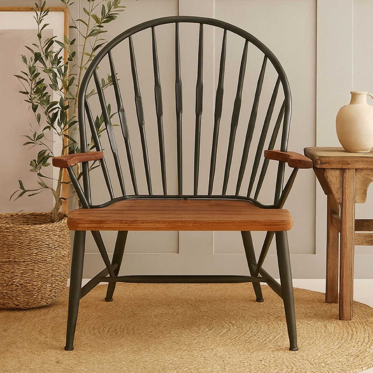 New Foundry Walnut Wood and Metal Armchair