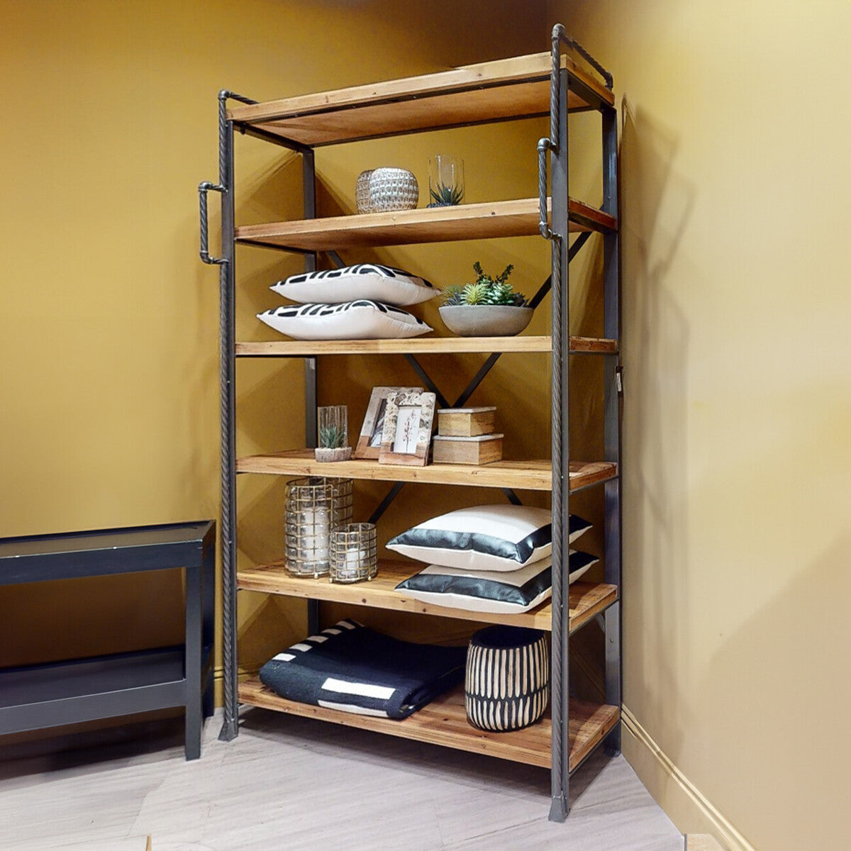 New Foundry Natural Wooden and Black Metal 6 Tier Shelving Unit