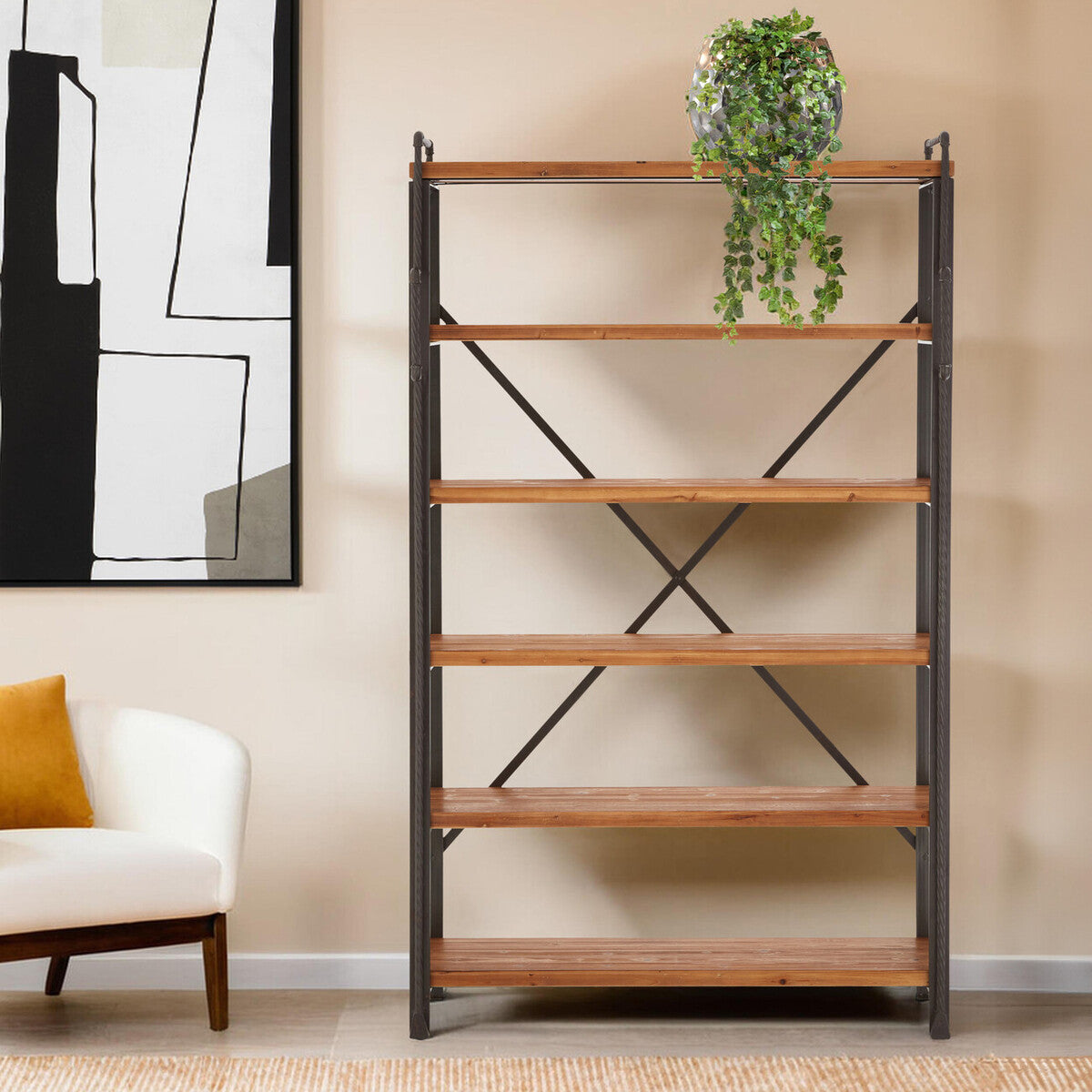 New Foundry Natural Wooden and Black Metal 6 Tier Shelving Unit